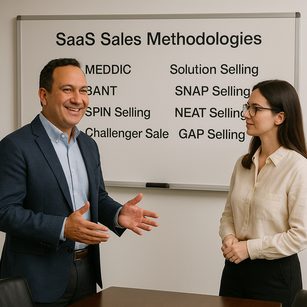 Sales methodology training session with whiteboard showing SaaS sales methodologies