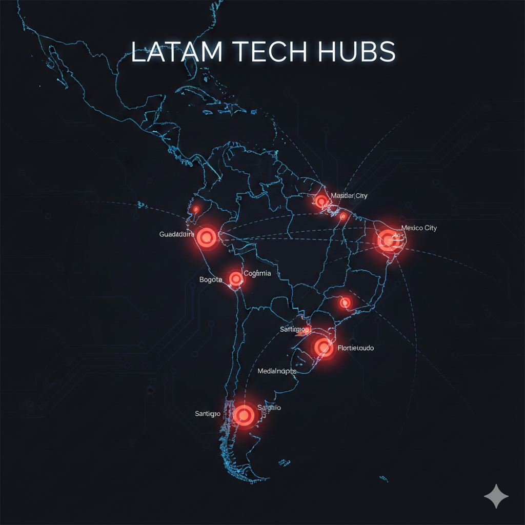 LATAM Tech Hubs map showing key cities including Mexico City, Guadalajara, Bogota, Medellin, Santiago and more