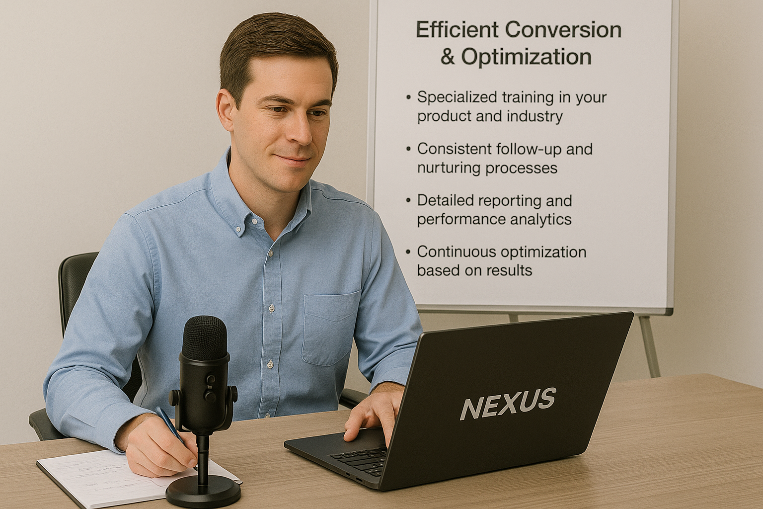 Nexus sales professional conducting a client call with conversion optimization strategies displayed